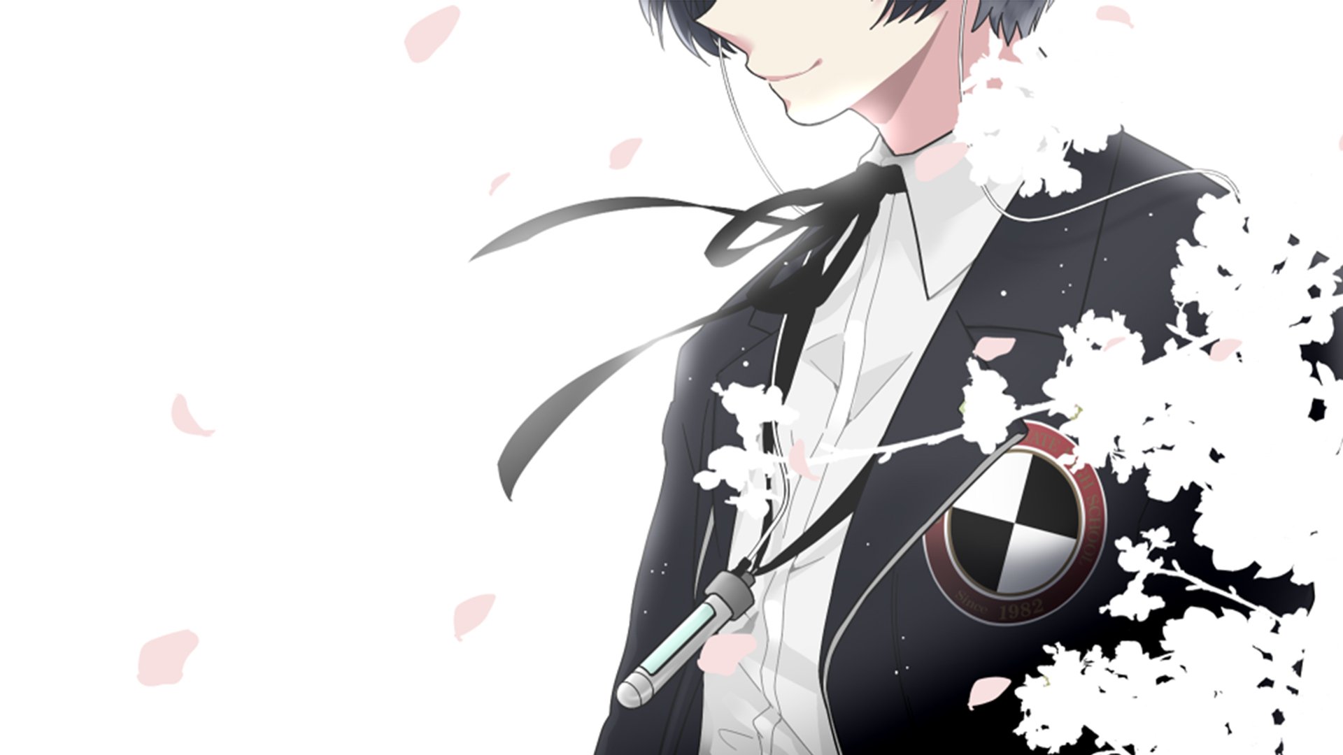 Minato Arisato from the Persona 3 video game: profile in school uniform with Evoker, black ribbon and falling cherry blossoms — HD PC desktop wallpaper/background.