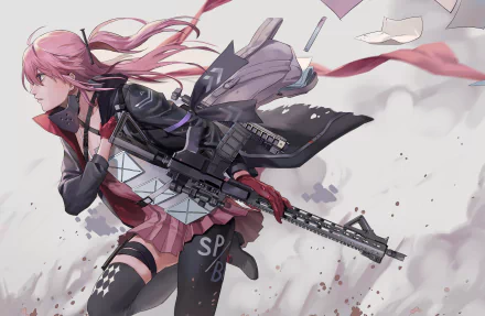 HD PC desktop wallpaper featuring AR15 from the video game Girls Frontline, depicted in dynamic motion with detailed weaponry and flowing hair.