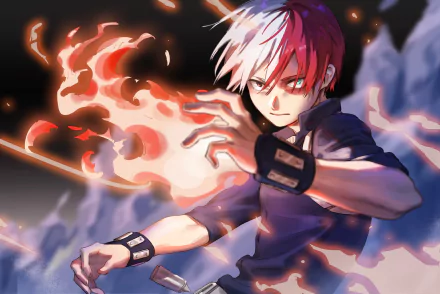 HD desktop wallpaper featuring Shoto Todoroki from My Hero Academia, showcasing his fire and ice powers with a dynamic and intense background.