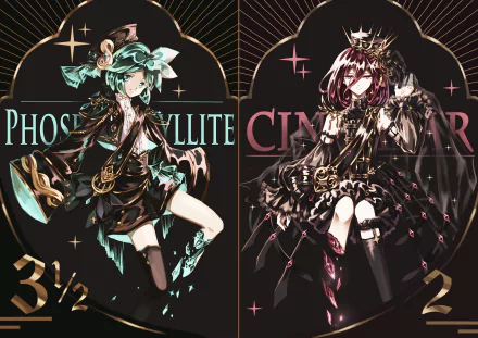 4K Ultra HD anime wallpaper featuring Phosphophyllite and Cinnabar from Land of the Lustrous, showcasing detailed character art with a dark, elegant background.