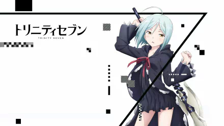HD desktop wallpaper featuring Arin Kannazuki from Trinity Seven with blue hair, yellow eyes, and a weapon, set against a minimalist white and black geometric background.