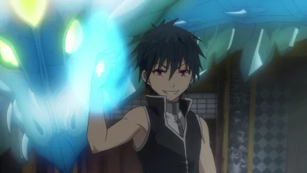 HD anime desktop wallpaper featuring Arata Kasuga from Trinity Seven, shown summoning a glowing blue energy in a dimly lit room with a dragon’s silhouette in the background.