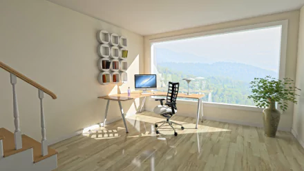 HD PC desktop wallpaper showing a bright modern room with wooden floor and man-made furniture — desk with computer, ergonomic chair, shelves, and a large window overlooking hills.
