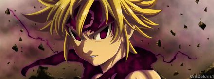 HD desktop wallpaper featuring Meliodas from The Seven Deadly Sins anime, displaying a serious expression with yellow hair and a dark background.