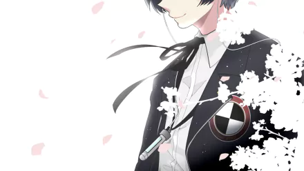Minato Arisato from the Persona 3 video game: profile in school uniform with Evoker, black ribbon and falling cherry blossoms — HD PC desktop wallpaper/background.