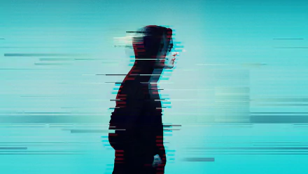 Glitch-art HD PC desktop wallpaper: silhouetted side profile sliced by cyan/red TV interference, evoking the Mr. Robot TV show aesthetic.