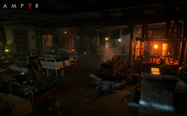 HD PC desktop wallpaper from the video game Vampyr, depicting a dimly lit, eerie hospital room with scattered beds and a warm light source in the background.