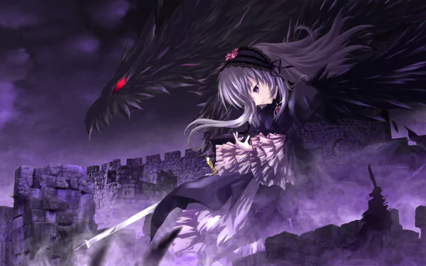HD PC wallpaper: gothic dark fantasy anime of Suigintou (Rozen Maiden) in black dress with sword, a shadowy dragon looming over a ruined castle amid purple mist.