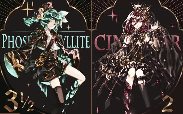 4K Ultra HD anime wallpaper featuring Phosphophyllite and Cinnabar from Land of the Lustrous, showcasing detailed character art with a dark, elegant background.