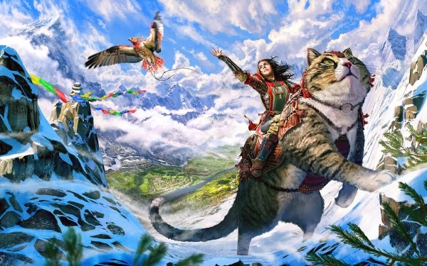 Fantasy Women Cat Eagle Landscape Mountain HD Wallpaper | Background Image