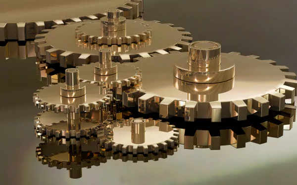 Close-up 4K Ultra HD image of shiny man-made gears with clear reflections on a smooth surface, showcasing intricate mechanical details.