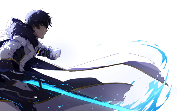 Raven from the video game Elsword in dynamic pose with glowing blue sword, rendered in 4K Ultra HD for PC desktop wallpaper.