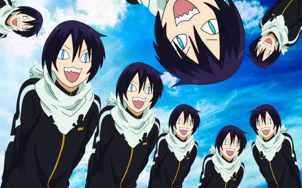 4K Ultra HD anime wallpaper featuring multiple expressions of Yato from Noragami against a vibrant blue sky background.