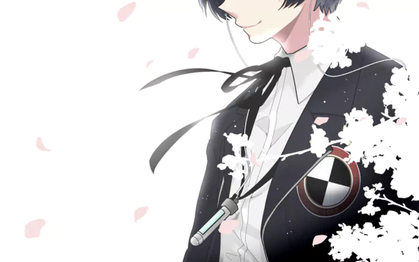 Minato Arisato from the Persona 3 video game: profile in school uniform with Evoker, black ribbon and falling cherry blossoms — HD PC desktop wallpaper/background.