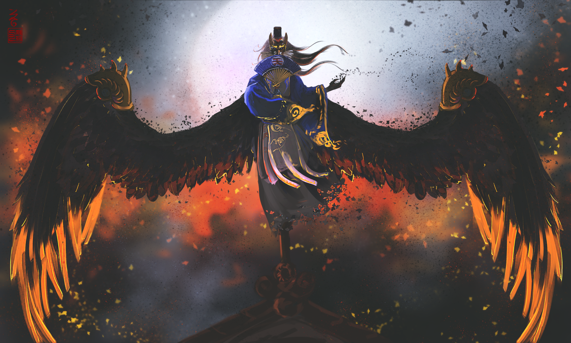 4K Ultra HD fantasy wallpaper of Ootengu from Onmyoji, featuring a dark-winged creature silhouetted against a glowing moon with fiery and smoky background.