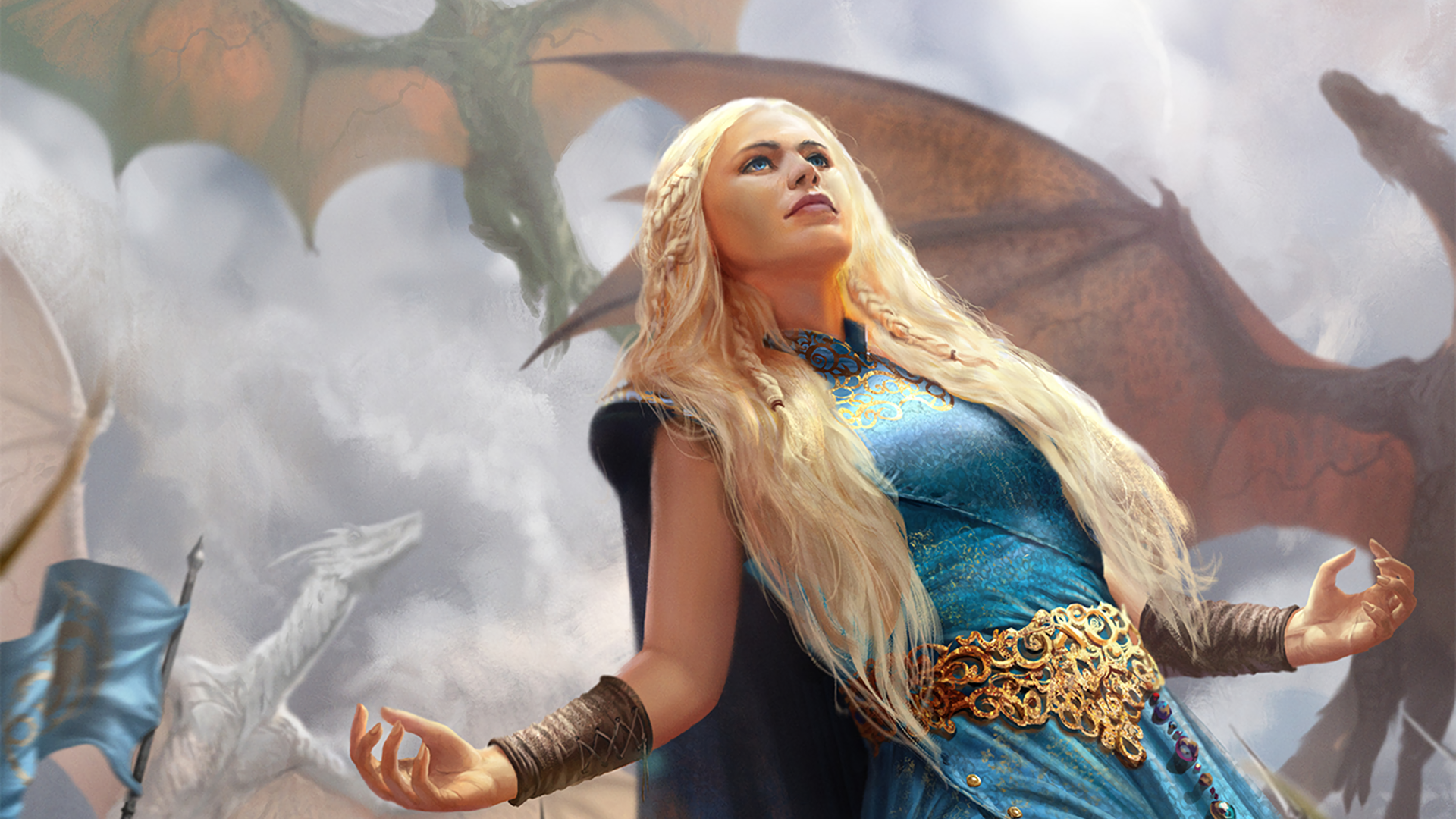 HD PC desktop wallpaper featuring Daenerys Targaryen from the TV show Game of Thrones, with dragons soaring in the misty sky behind her.