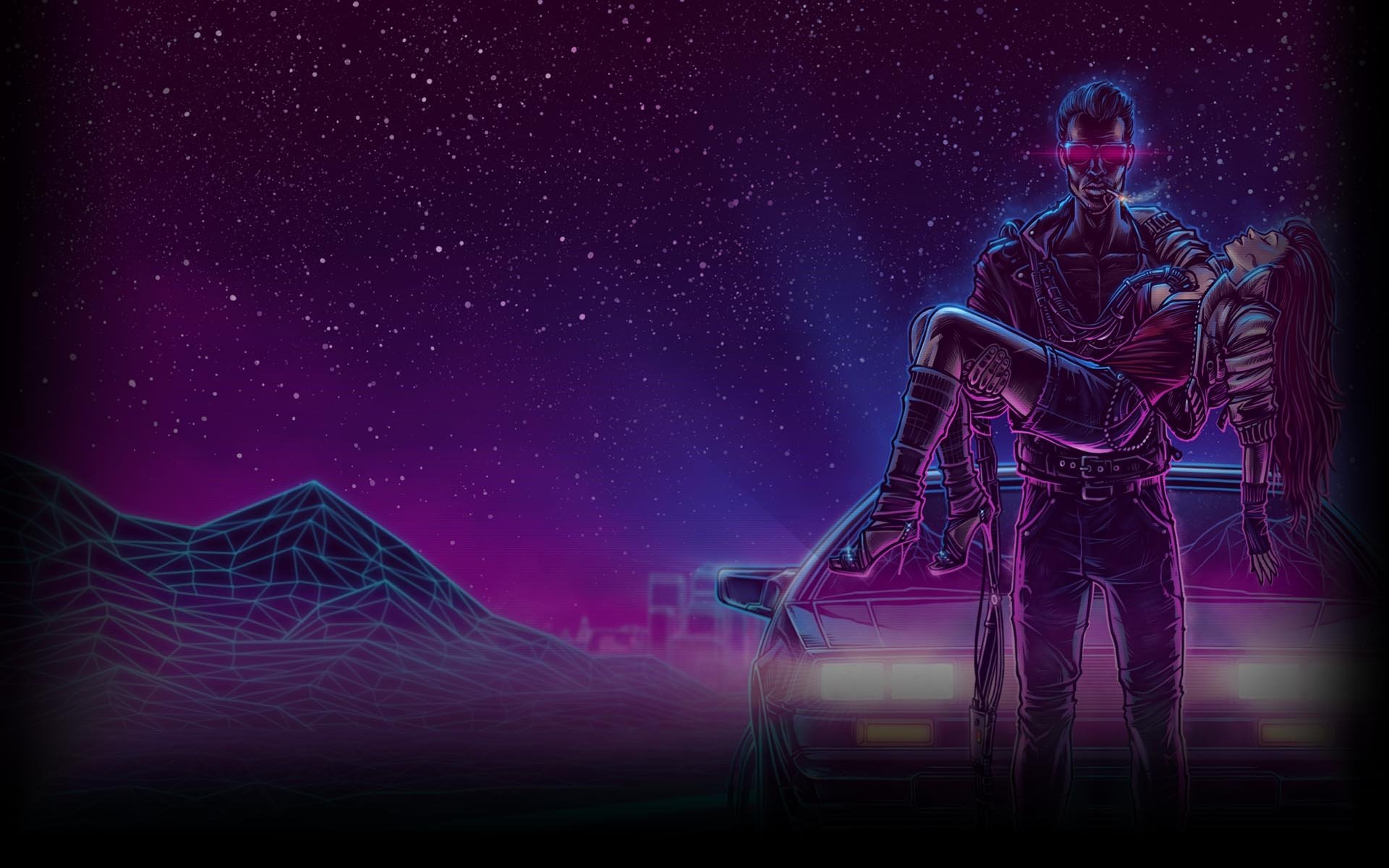 HD PC desktop wallpaper featuring a retrowave outrun scene with vaporwave hues, neon-lit mountains, and a glowing silhouette carrying a person in an artistic, futuristic style.