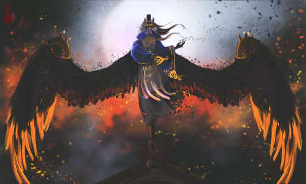 4K Ultra HD fantasy wallpaper of Ootengu from Onmyoji, featuring a dark-winged creature silhouetted against a glowing moon with fiery and smoky background.