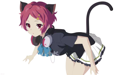 HD desktop wallpaper featuring Koito Minase from Musaigen no Phantom World, with red hair, red eyes, animal ears, tail, wearing headphones and a skirt. Anime: Myriad Colors Phantom World.