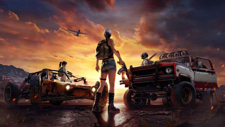 HD desktop wallpaper of Playerunknown's Battlegrounds, depicting players and vehicles in an intense, dramatic sunset landscape.