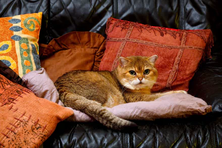 A cat rests comfortably among colorful cushions on a dark leather sofa, captured in an HD PC desktop wallpaper and background.