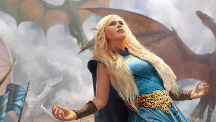 HD PC desktop wallpaper featuring Daenerys Targaryen from the TV show Game of Thrones, with dragons soaring in the misty sky behind her.