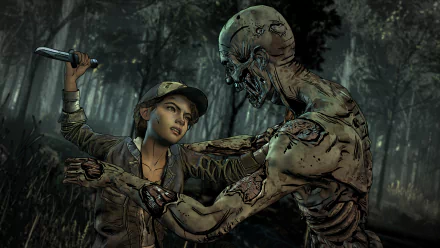 Clementine from The Walking Dead: The Final Season battles a zombie in a dark forest, captured in a 4K Ultra HD PC desktop wallpaper from the video game.
