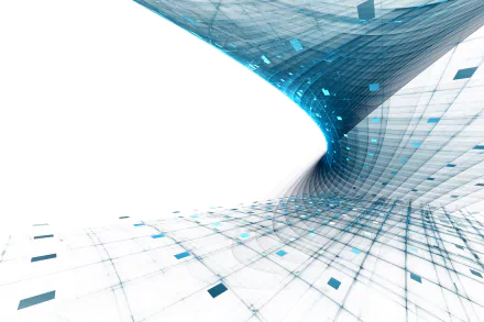 Abstract cube grid twisting into a blue-lit vortex of geometric tiles and glowing nodes — 5K Ultra HD PC desktop wallpaper and background