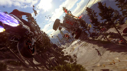 HD wallpaper featuring an action-packed scene from the game Onrush, with vehicles soaring through the air amidst chaos.