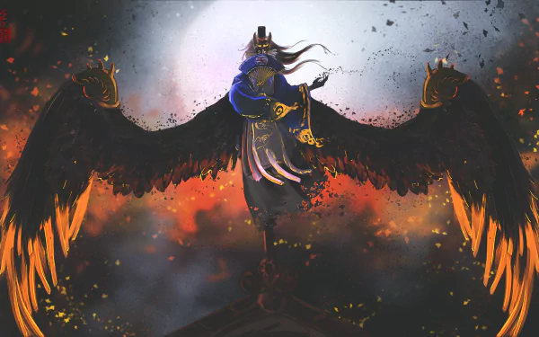 4K Ultra HD fantasy wallpaper of Ootengu from Onmyoji, featuring a dark-winged creature silhouetted against a glowing moon with fiery and smoky background.