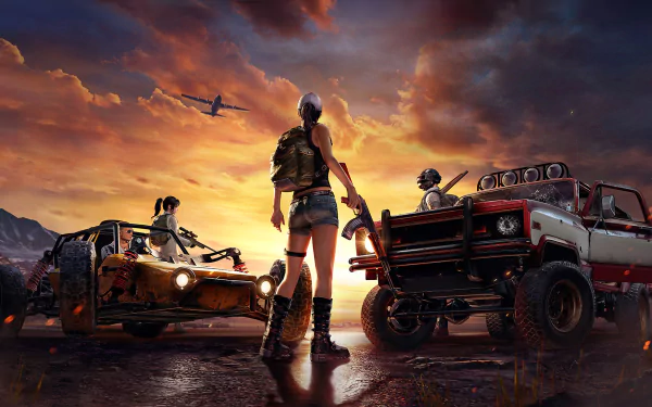 HD desktop wallpaper of Playerunknown's Battlegrounds, depicting players and vehicles in an intense, dramatic sunset landscape.