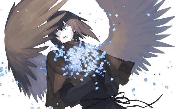 Anime Original Wings Short Hair Brown Hair Flower Blue Eyes HD Wallpaper | Background Image