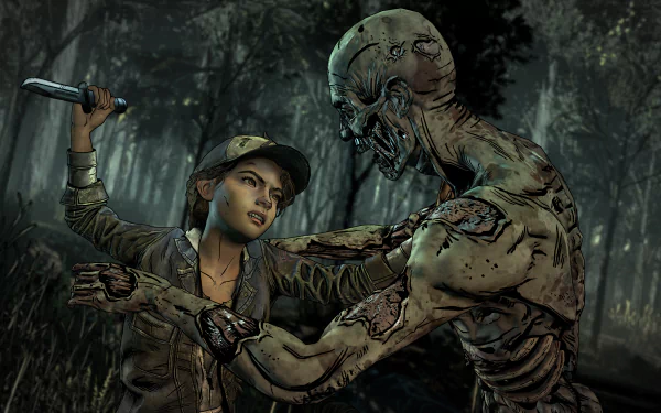 Clementine from The Walking Dead: The Final Season battles a zombie in a dark forest, captured in a 4K Ultra HD PC desktop wallpaper from the video game.