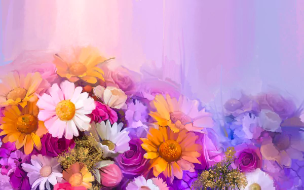 HD desktop wallpaper and background featuring an artistic oil painting of vibrant flowers, including daisies and other blossoms, against a serene gradient of pink and purple hues.