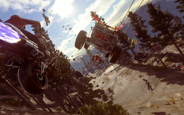 HD wallpaper featuring an action-packed scene from the game Onrush, with vehicles soaring through the air amidst chaos.