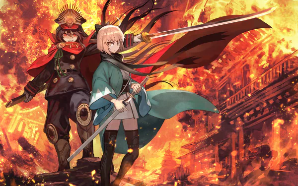 HD PC wallpaper featuring Demon Archer and Sakura Saber from Fate/Grand Order, set against a fiery, anime-style battlefield background.
