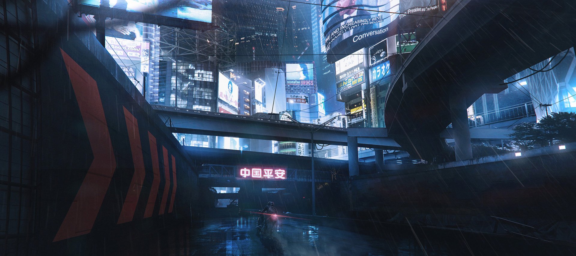 Futuristic sci-fi cityscape at night with illuminated skyscrapers, elevated highways, and neon signs, captured in HD for a striking PC desktop wallpaper background.