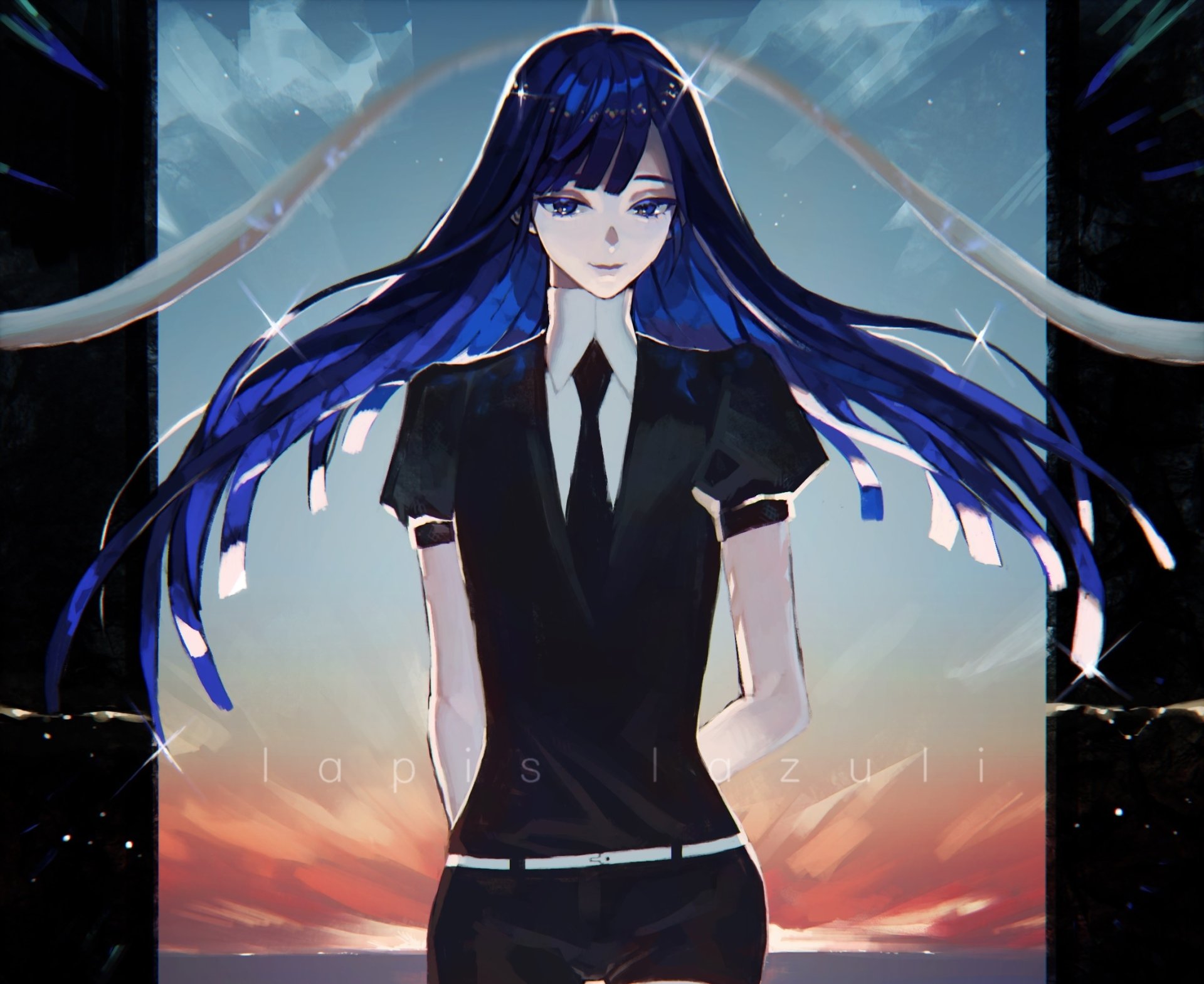 Lapis Lazuli (Land of the Lustrous) stands center with flowing blue-black hair and a black uniform, framed by shimmering light and a dusk sky — HD anime PC desktop wallpaper.