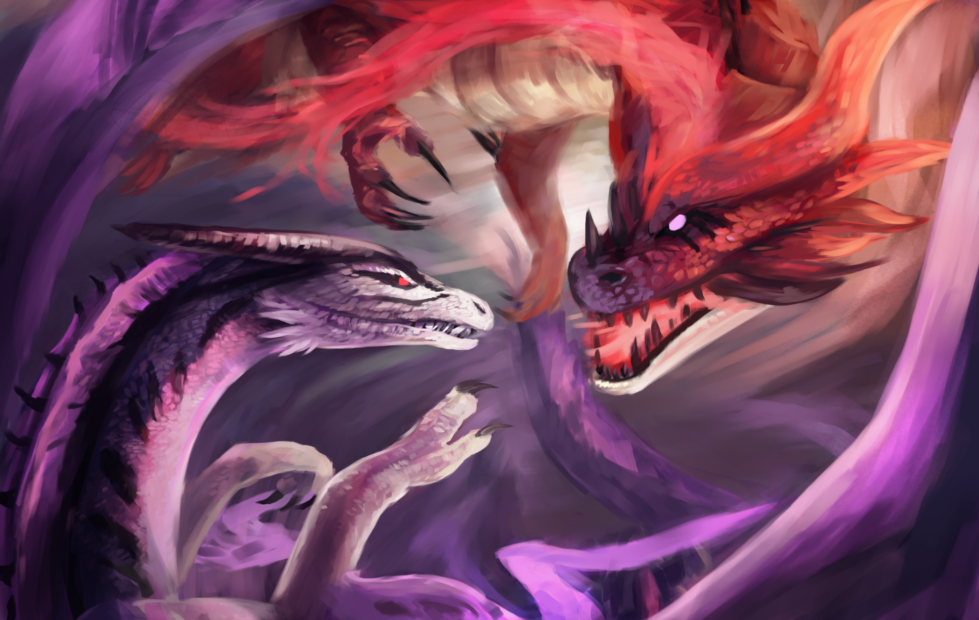 A vivid 4K Ultra HD fantasy PC wallpaper featuring two dragons entwined in a dramatic confrontation, showcasing detailed scales and glowing eyes.