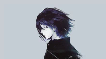 HD anime desktop wallpaper featuring a dark-haired anime boy with a contemplative expression against a light, minimalist background.