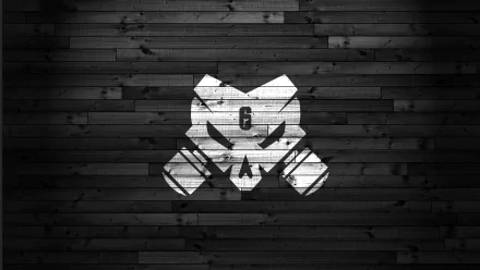 8K Ultra HD PC desktop wallpaper featuring the Outbreak emblem from Tom Clancy's Rainbow Six: Siege video game on a dark wooden background.