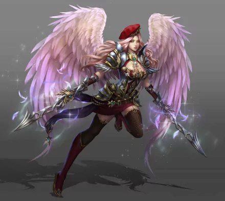 A fantasy HD PC desktop wallpaper featuring a pink-haired angel warrior with long hair, clad in ornate armor and large glowing wings, ready for battle.