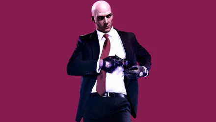 HD PC desktop wallpaper of Agent 47 from the video game Hitman 2, featuring him adjusting his gloves against a solid purple background.