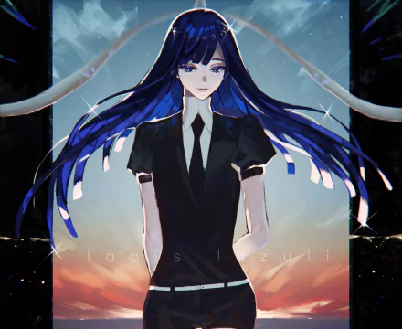 Lapis Lazuli (Land of the Lustrous) stands center with flowing blue-black hair and a black uniform, framed by shimmering light and a dusk sky — HD anime PC desktop wallpaper.