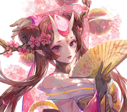 HD anime desktop wallpaper featuring Momo no Sei from Onmyoji, showcasing her delicate pink blossoms, elegant fan, and ethereal, mystical aura.