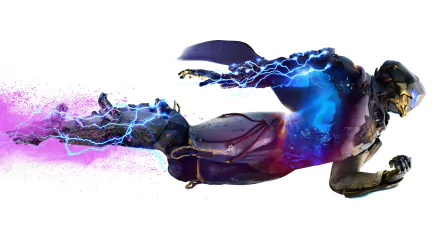 HD desktop wallpaper and background featuring a dynamic character from the video game Anthem. The character is enveloped in vivid purple and blue energy, creating a striking visual effect.