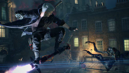 Nero from Devil May Cry 5 leaps into action in this intense 4K Ultra HD PC desktop wallpaper, showcasing dynamic combat in the iconic video game.