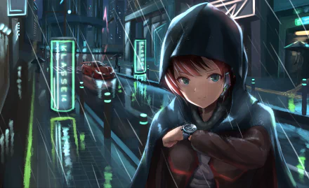 HD anime-style original artwork depicting a hooded character with red hair and blue eyes in a rainy neon-lit urban street, designed as a PC desktop wallpaper.