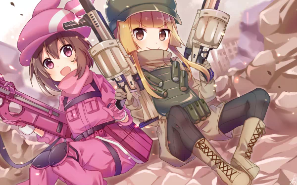 HD anime wallpaper featuring Karen Kohiruimaki (LLENN) and Miyu Shinohara from Sword Art Online Alternative: Gun Gale Online in detailed combat gear.