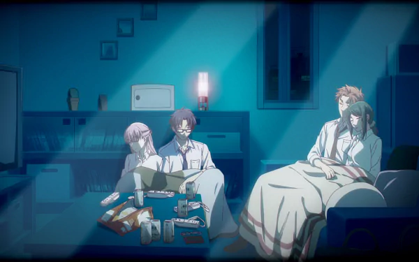 A cozy, dimly-lit scene from the anime Wotaku ni Koi wa Muzukashii featuring Hanako Koyanagi, Tarou Kabakura, Hirotaka Nifuji, and Narumi Momose lounging together in a room. Perfect HD desktop wallpaper.